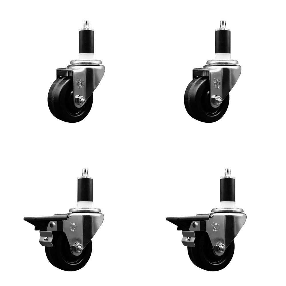 Phenolic Swivel Expanding Stem Caster Set of 4 w/Roller Bearings - 3" x 1.25" Black Wheels and 1-3/8" Stems - Includes 2 with Posi Locking Brakes - 1200 lbs Total Capacity - Service Caster Brand — photo 1