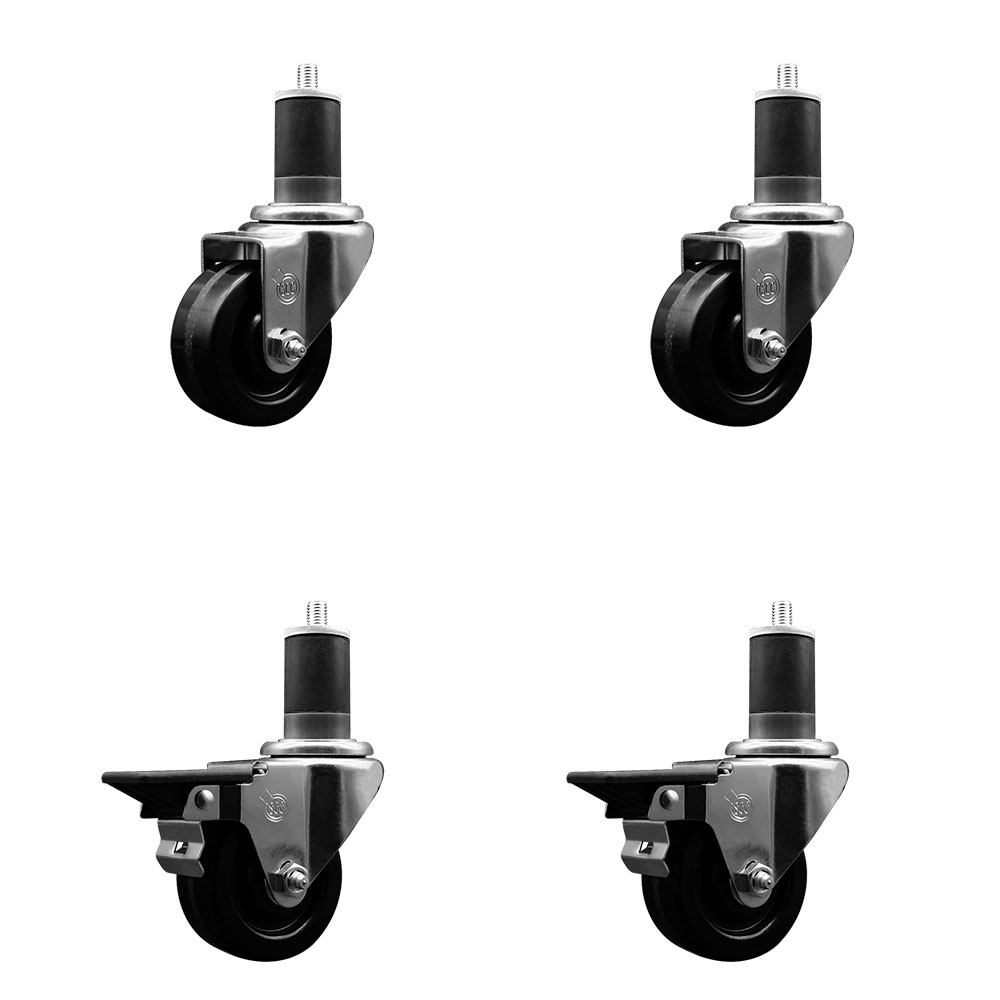 Phenolic Swivel Expanding Stem Caster Set of 4 with 3 Inch Black Wheels and 1-5/8" Stems - Includes 2 with Posi Locking Brakes - 1200 lbs Total Capacity - Service Caster Brand — photo 1
