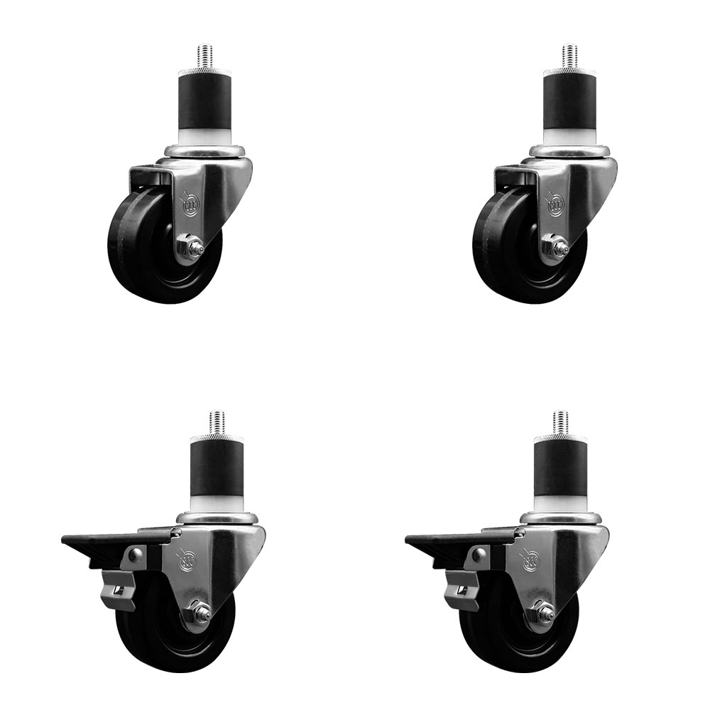 Phenolic Swivel Expanding Stem Caster Set of 4 w/Roller Bearings - 3" x 1.25" Black Wheels and 1-7/8" Stems - Includes 2 with Posi Locking Brakes - 1200 lbs Total Capacity - Service Caster Brand — photo 1