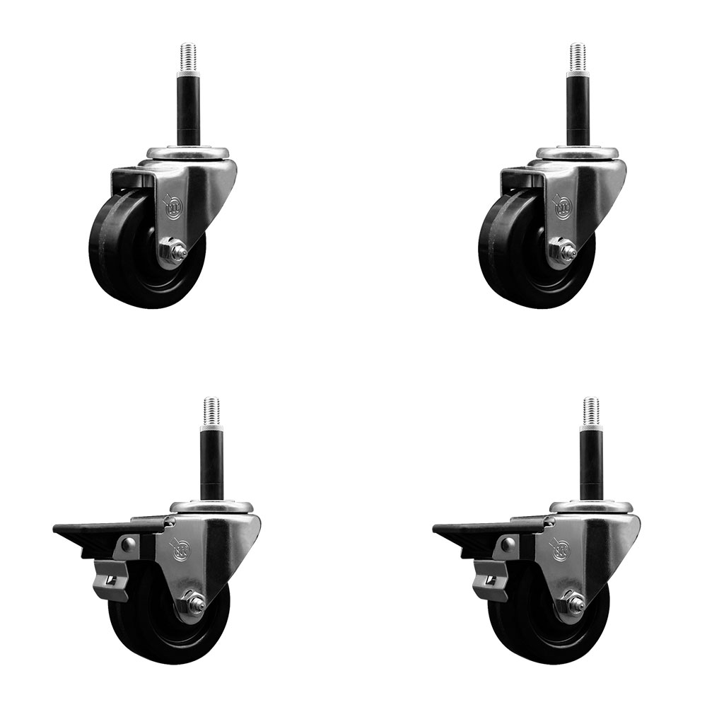 Phenolic Swivel Expanding Stem Caster Set of 4 w/Roller Bearings - 3" x 1.25" Black Wheels and 3/4" Stems - Includes 2 with Posi Locking Brakes - 1200 lbs Total Capacity - Service Caster Brand — photo 1