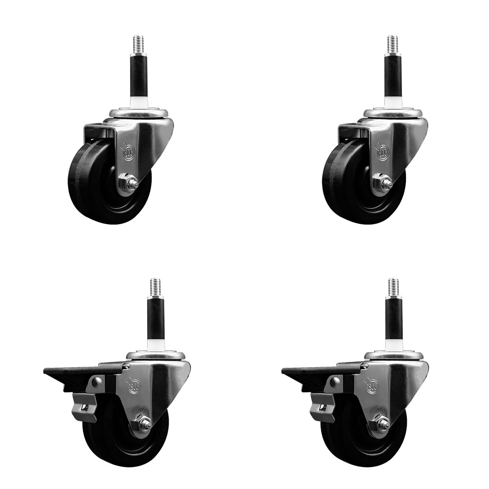 Phenolic Swivel Expanding Stem Caster Set of 4 with 3 Inch Black Wheels and 7/8" Stems - Includes 2 with Posi Locking Brakes - 1200 lbs Total Capacity - Service Caster Brand — photo 1