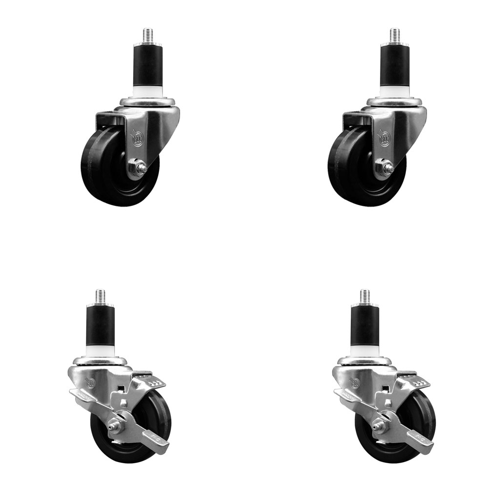 Phenolic Swivel Expanding Stem Caster Set of 4 w/Roller Bearings - 3" x 1.25" Black Wheels and 1-1/2" Stems - Includes 2 with Top Locking Brakes - 1200 lbs Total Capacity - Service Caster Brand — photo 1
