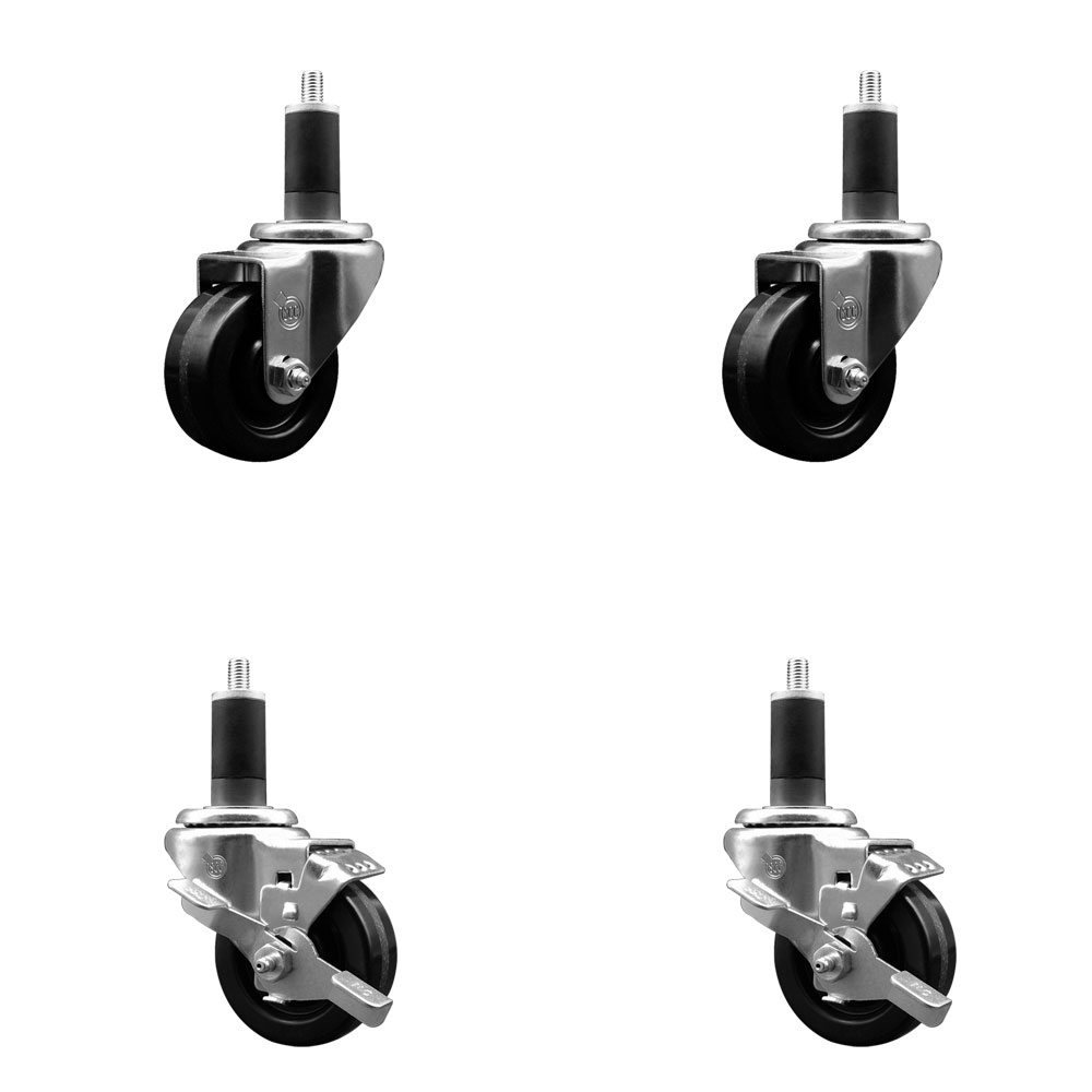Phenolic Swivel Expanding Stem Caster Set of 4 w/Roller Bearings - 3" x 1.25" Black Wheels and 1-1/4" Stems - Includes 2 with Top Locking Brakes - 1200 lbs Total Capacity - Service Caster Brand — photo 1