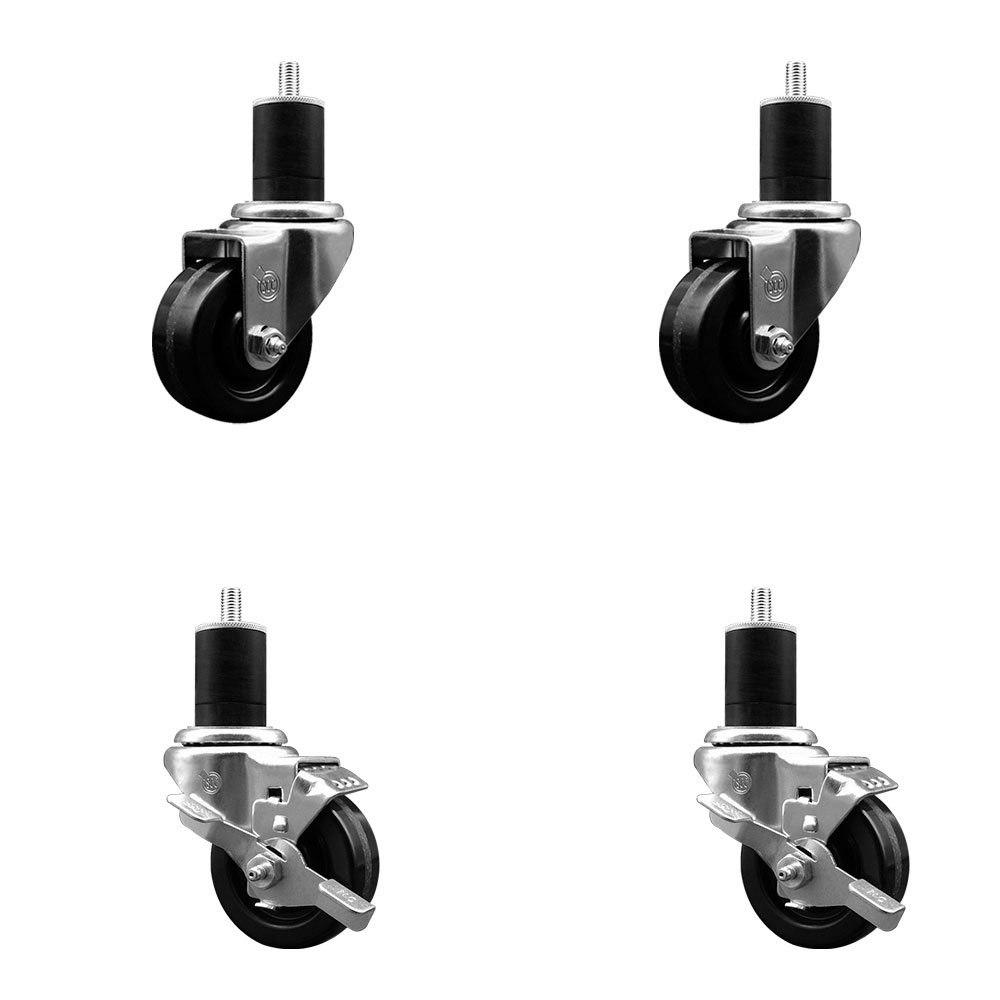 Phenolic Swivel Expanding Stem Caster Set of 4 with 3 Inch Black Wheels and 1-3/4" Stems - Includes 2 with Top Locking Brakes - 1200 lbs Total Capacity - Service Caster Brand — photo 1