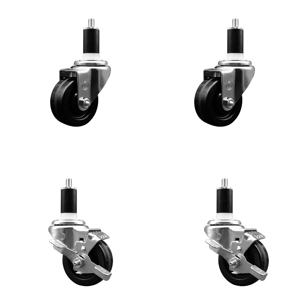 Phenolic Swivel Expanding Stem Caster Set of 4 w/Roller Bearings - 3" x 1.25" Black Wheels and 1-3/8" Stems - Includes 2 with Top Locking Brakes - 1200 lbs Total Capacity - Service Caster Brand — photo 1