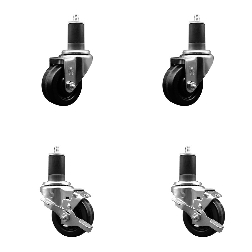 Phenolic Swivel Expanding Stem Caster Set of 4 w/Roller Bearings - 3" x 1.25" Black Wheels and 1-5/8" Stems - Includes 2 with Top Locking Brakes - 1200 lbs Total Capacity - Service Caster Brand — photo 1
