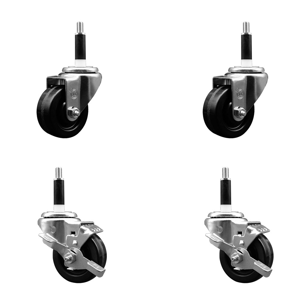 Phenolic Swivel Expanding Stem Caster Set of 4 w/Roller Bearings - 3" x 1.25" Black Wheels and 7/8" Stems - Includes 2 with Top Locking Brakes - 1200 lbs Total Capacity - Service Caster Brand — photo 1