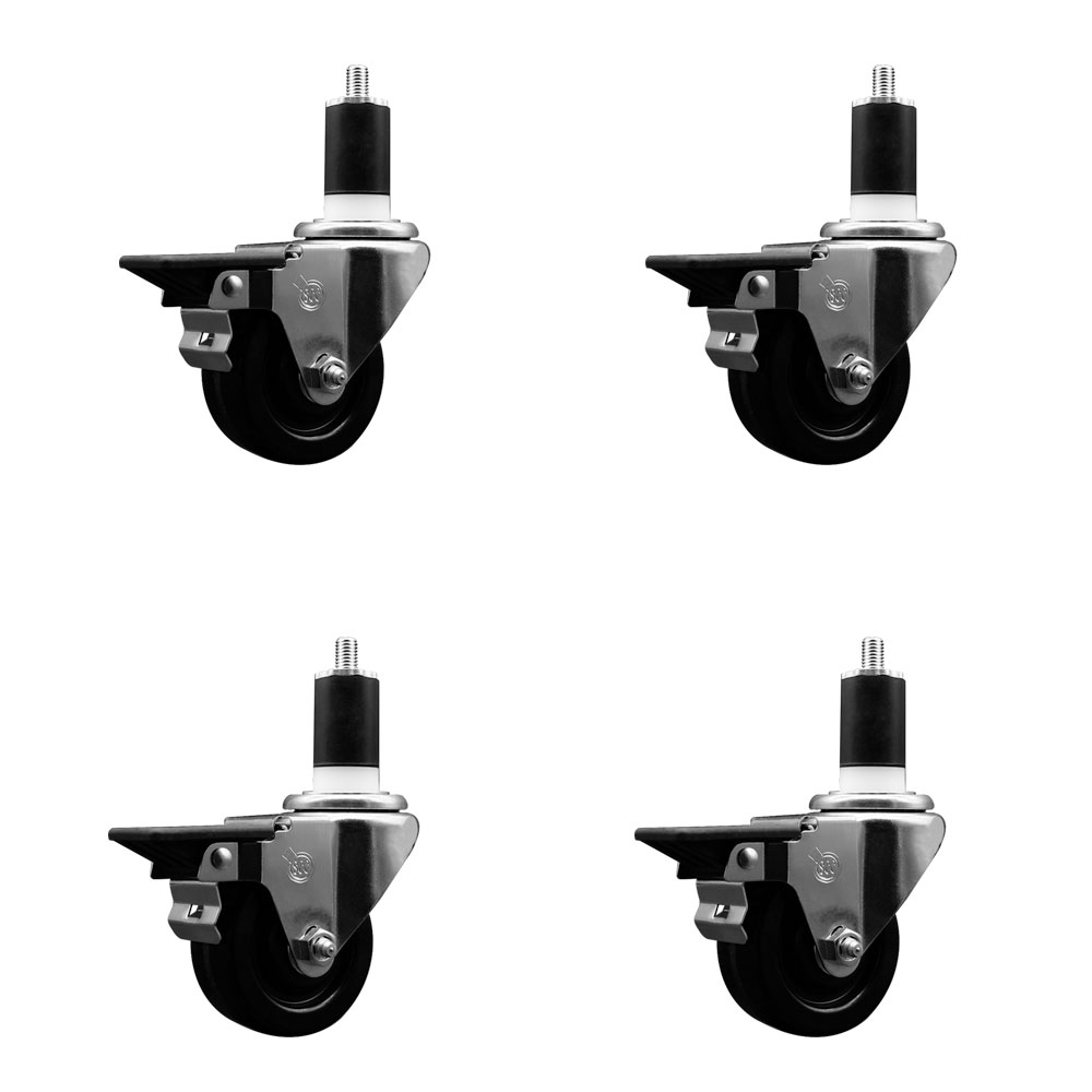 Phenolic Swivel Expanding Stem Caster Set of 4 with Roller Bearings - 3" x 1.25" Black Wheels and 1-1/2" Stems - Includes 4 with Posi Lock Brakes - 1200 lbs Total Capacity - Service Caster Brand — photo 1