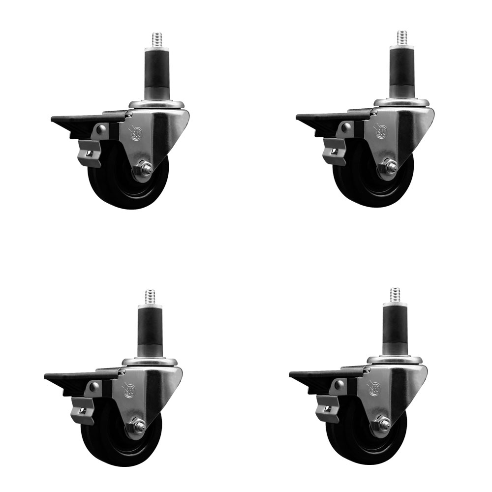 Phenolic Swivel Expanding Stem Caster Set of 4 with Roller Bearings - 3" x 1.25" Black Wheels and 1-1/4" Stems - Includes 4 with Posi Lock Brakes - 1200 lbs Total Capacity - Service Caster Brand — photo 1