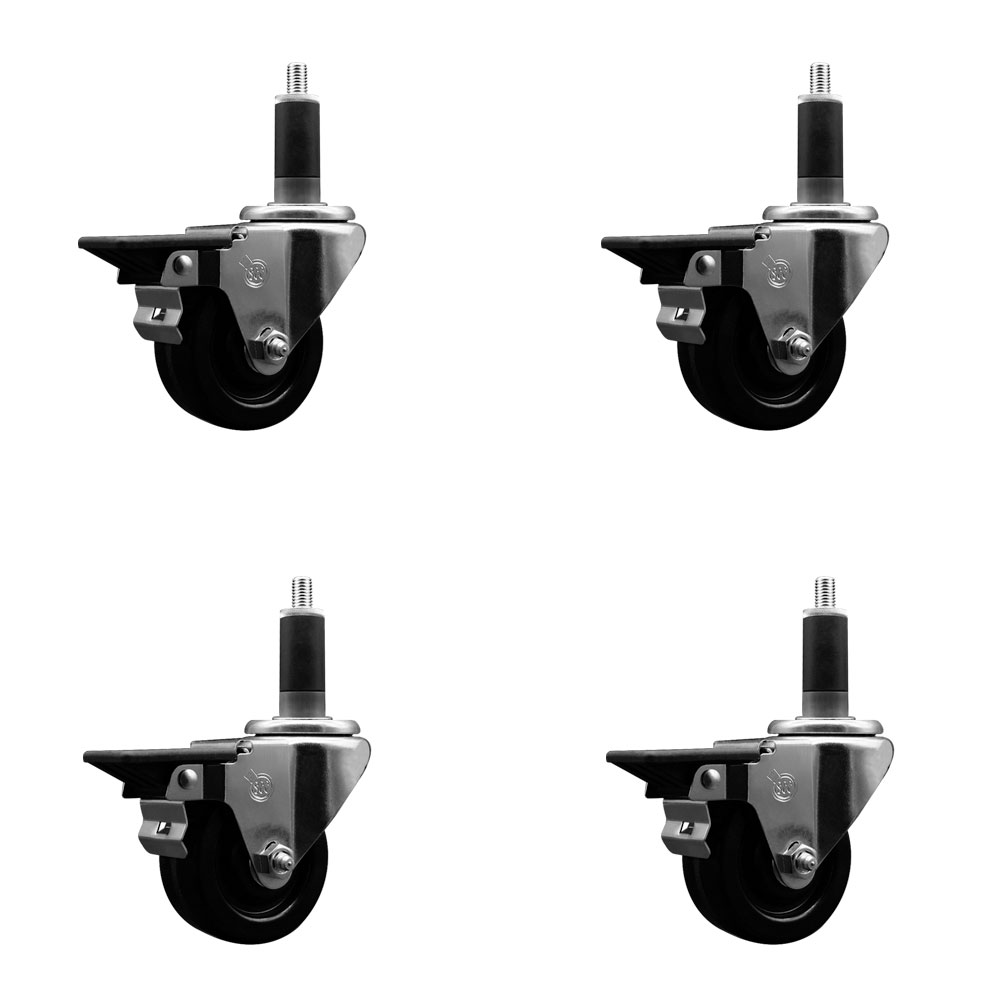 Phenolic Swivel Expanding Stem Caster Set of 4 with Roller Bearings - 3" x 1.25" Black Wheels and 1-1/8" Stems - Includes 4 with Posi Lock Brakes - 1200 lbs Total Capacity - Service Caster Brand — photo 1