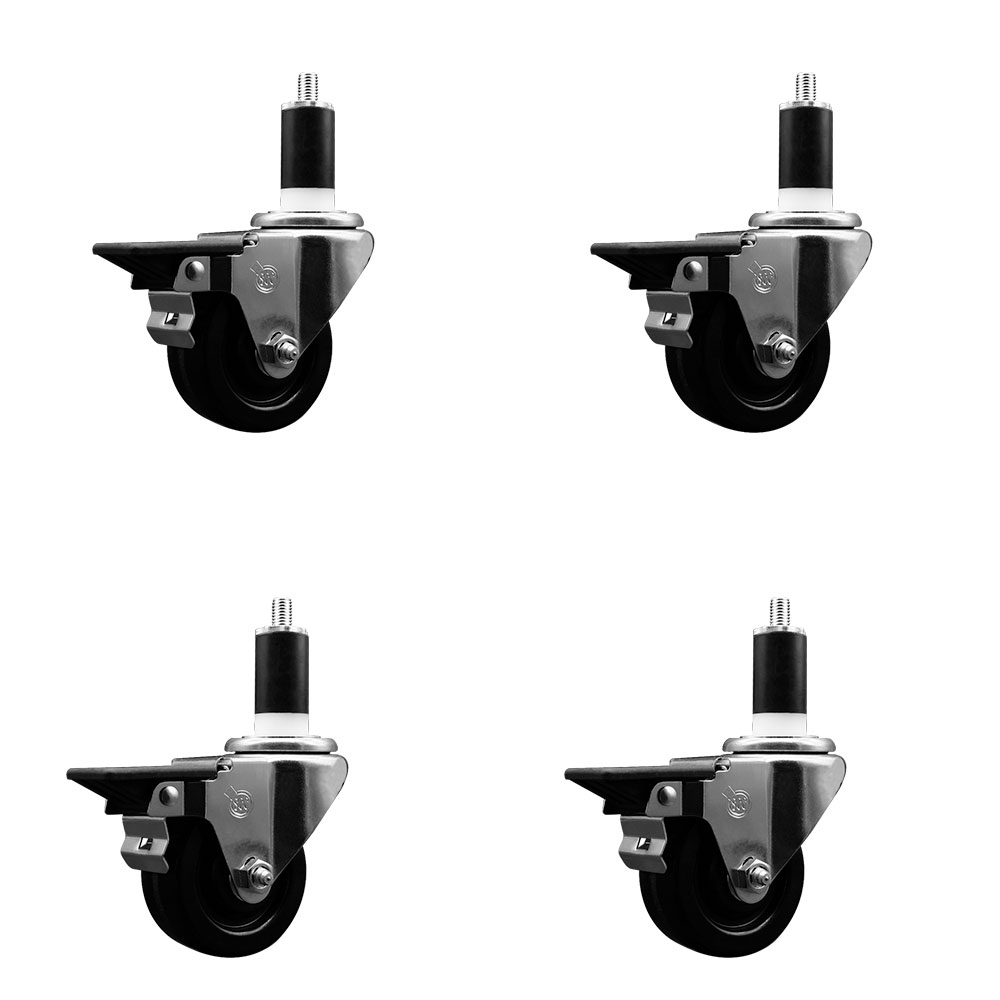 Phenolic Swivel Expanding Stem Caster Set of 4 with Roller Bearings - 3" x 1.25" Black Wheels and 1-3/8" Stems - Includes 4 with Posi Lock Brakes - 1200 lbs Total Capacity - Service Caster Brand — photo 1