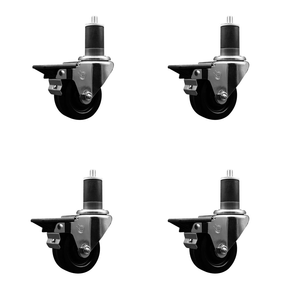 Phenolic Swivel Expanding Stem Caster Set of 4 with Roller Bearings - 3" x 1.25" Black Wheels and 1-5/8" Stems - Includes 4 with Posi Lock Brakes - 1200 lbs Total Capacity - Service Caster Brand — photo 1