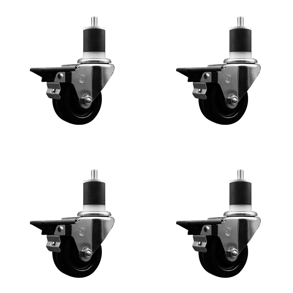 Phenolic Swivel Expanding Stem Caster Set of 4 with Roller Bearings - 3" x 1.25" Black Wheels and 1-7/8" Stems - Includes 4 with Posi Lock Brakes - 1200 lbs Total Capacity - Service Caster Brand — photo 1