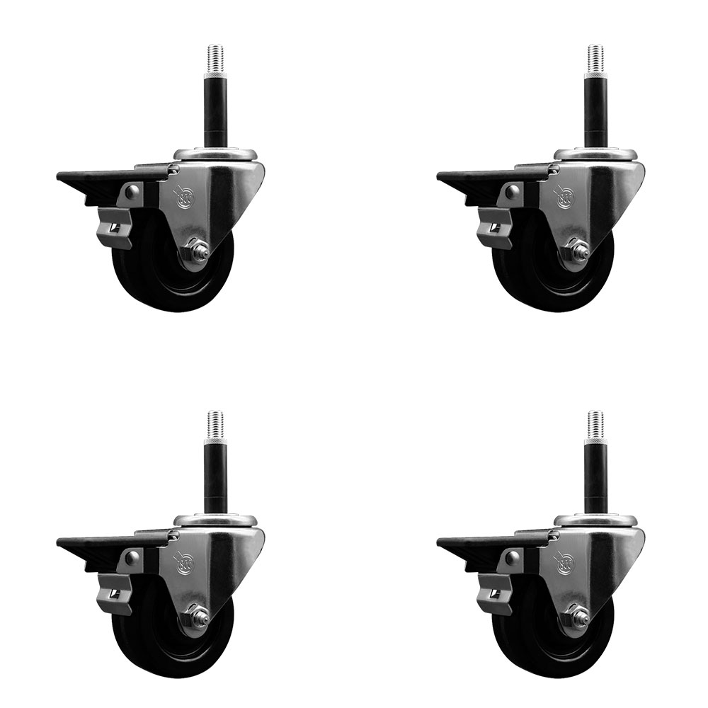 Phenolic Swivel Expanding Stem Caster Set of 4 with Roller Bearings - 3" x 1.25" Black Wheels and 3/4" Stems - Includes 4 with Posi Lock Brakes - 1200 lbs Total Capacity - Service Caster Brand — photo 1