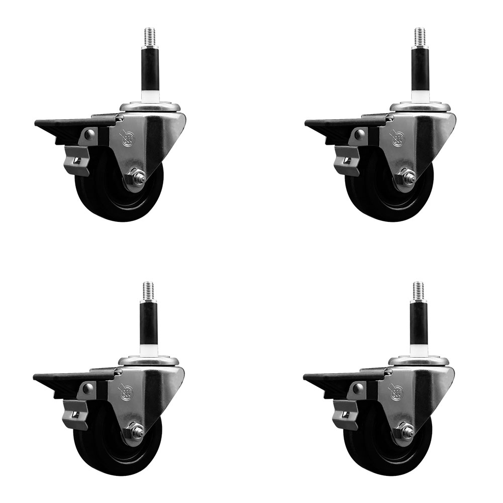 Phenolic Swivel Expanding Stem Caster Set of 4 with Roller Bearings - 3" x 1.25" Black Wheels and 7/8" Stems - Includes 4 with Posi Lock Brakes - 1200 lbs Total Capacity - Service Caster Brand — photo 1