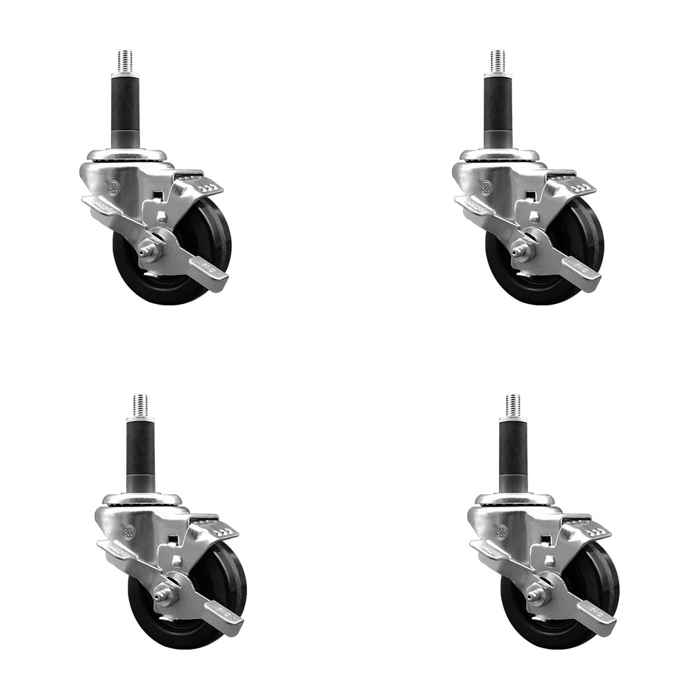 Phenolic Swivel Expanding Stem Caster Set of 4 with Roller Bearings - 3" x 1.25" Black Wheels and 1" Stems - Includes 4 with Top Lock Brakes - 1200 lbs Total Capacity - Service Caster Brand — photo 1