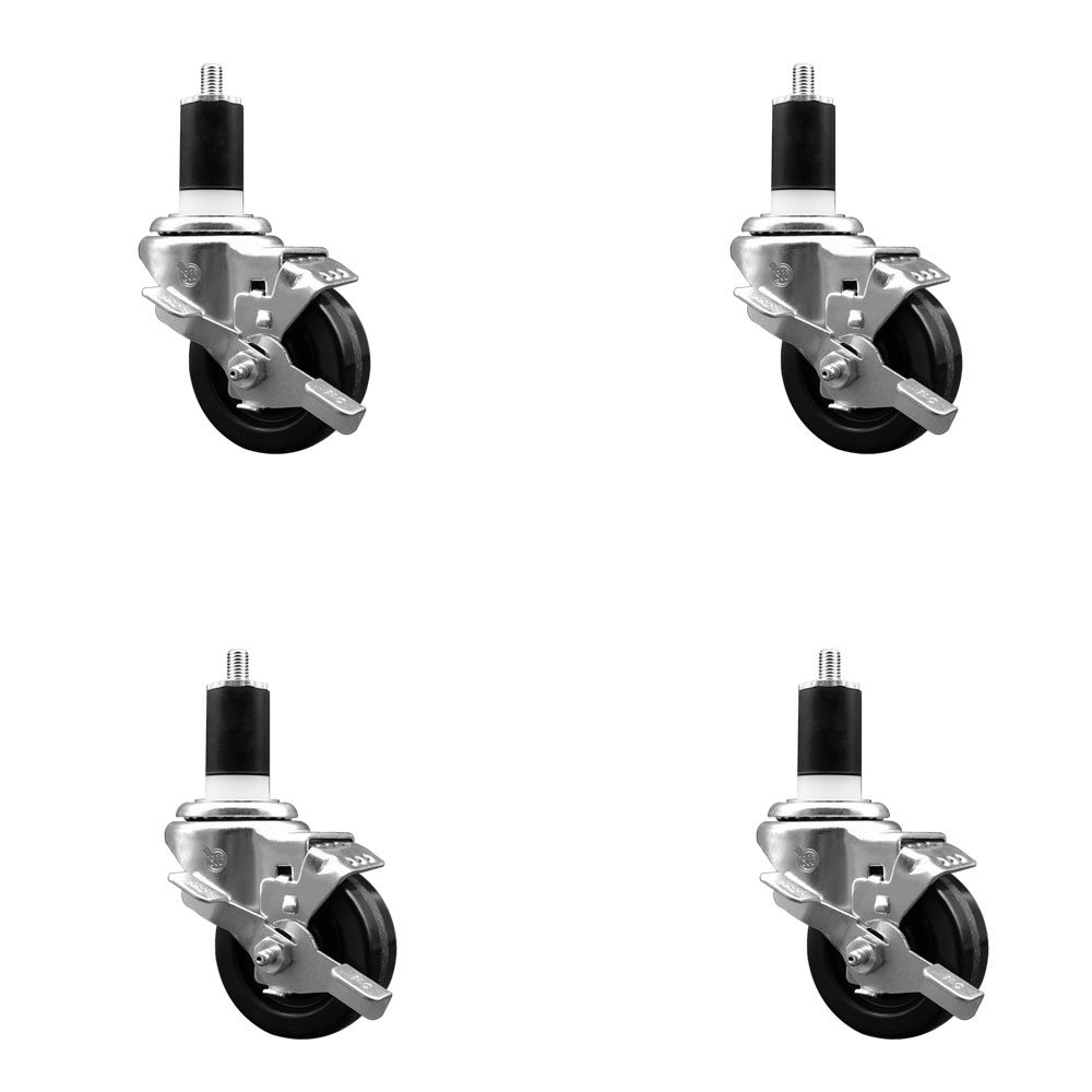 Phenolic Swivel Expanding Stem Caster Set of 4 with 3 Inch Black Wheels and 1-1/2" Stems - Includes 4 Swivel with Top Locking Brakes - 300 lbs. Capacity Per Caster - Service Caster Brand — photo 1