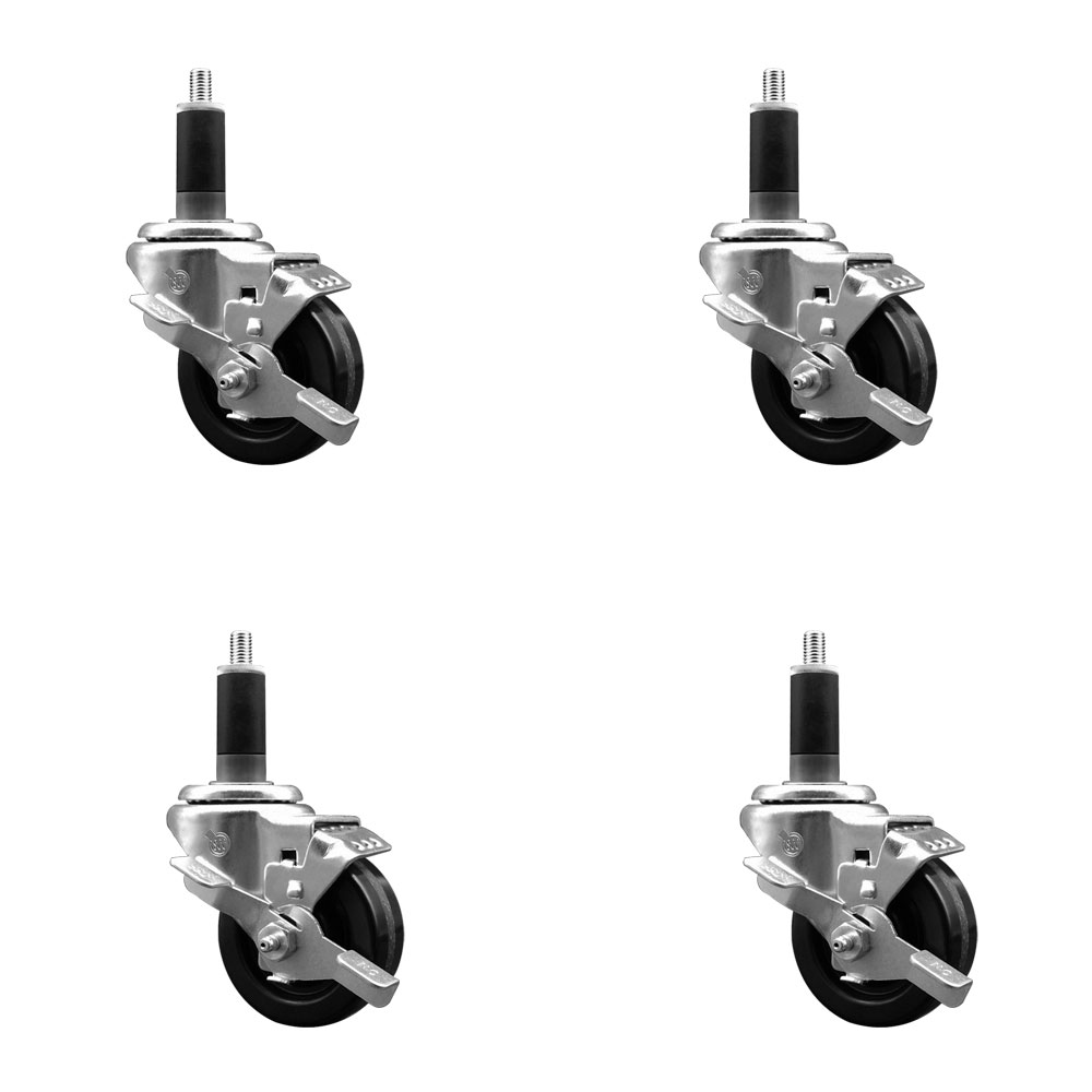 Phenolic Swivel Expanding Stem Caster Set of 4 with Roller Bearings - 3" x 1.25" Black Wheels and 1-1/8" Stems - Includes 4 with Top Lock Brakes - 1200 lbs Total Capacity - Service Caster Brand — photo 1