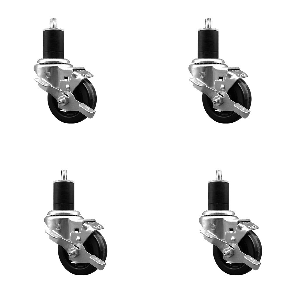 Phenolic Swivel Expanding Stem Caster Set of 4 with Roller Bearings - 3" x 1.25" Black Wheels and 1-3/4" Stems - Includes 4 with Top Lock Brakes - 1200 lbs Total Capacity - Service Caster Brand — photo 1
