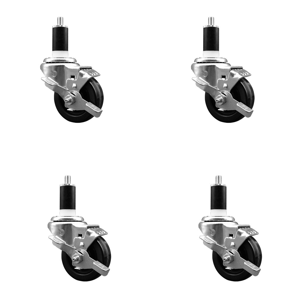 Phenolic Swivel Expanding Stem Caster Set of 4 with Roller Bearings - 3" x 1.25" Black Wheels and 1-3/8" Stems - Includes 4 with Top Lock Brakes - 1200 lbs Total Capacity - Service Caster Brand — photo 1
