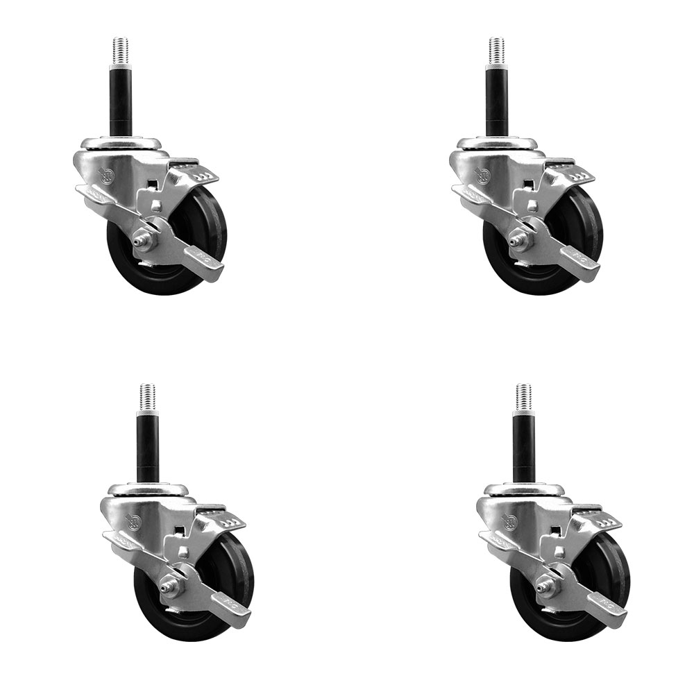 Phenolic Swivel Expanding Stem Caster Set of 4 with Roller Bearings - 3" x 1.25" Black Wheels and 3/4" Stems - Includes 4 with Top Lock Brakes - 1200 lbs Total Capacity - Service Caster Brand — photo 1