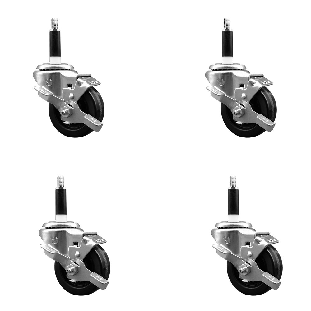 Phenolic Swivel Expanding Stem Caster Set of 4 with Roller Bearings - 3" x 1.25" Black Wheels and 7/8" Stems - Includes 4 with Top Lock Brakes - 1200 lbs Total Capacity - Service Caster Brand — photo 1