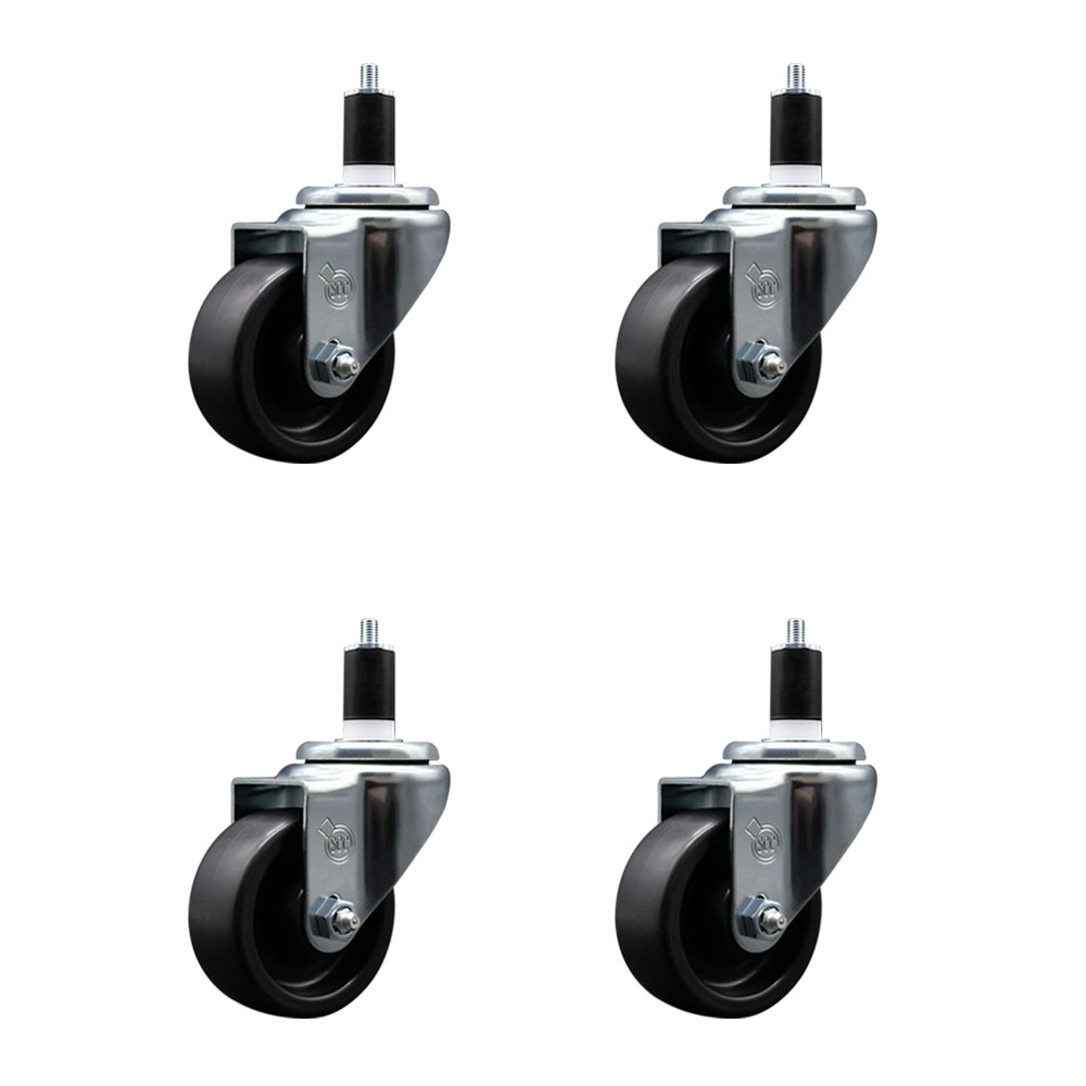 Polyolefin Swivel Expanding Stem Caster Wheels Set of 4 with 3 Inch Black Wheels and 1-1/2" Stems - Includes 4 Swivel - 1200 lbs. Total Capacity - Service Caster Brand — photo 1