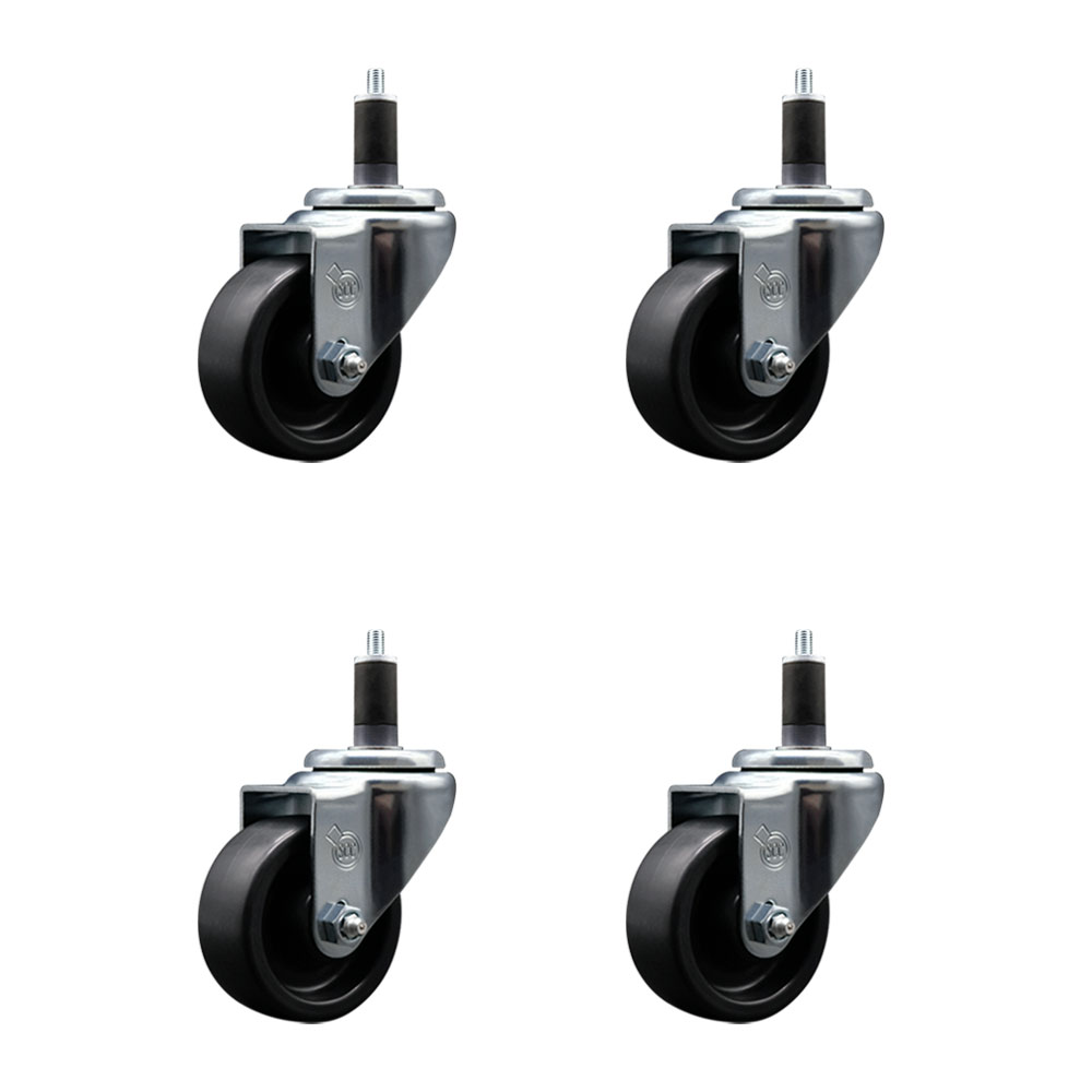 Polyolefin Swivel Expanding Stem Caster Wheels Set of 4 with 3 Inch Black Wheels and 1-1/4" Stems - Includes 4 Swivel - 1200 lbs. Total Capacity - Service Caster Brand — photo 1