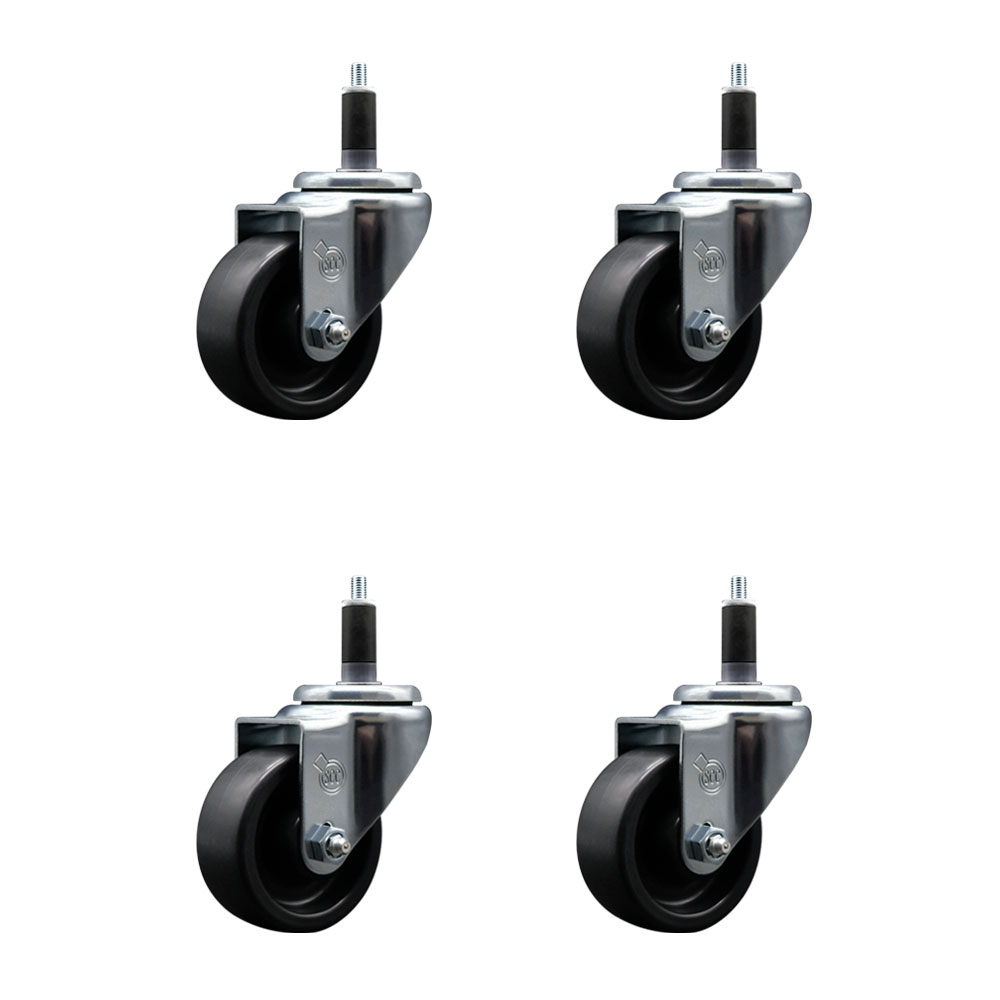 Polyolefin Swivel Expanding Stem Caster Wheels Set of 4 with 3 Inch Black Wheels and 1-1/8" Stems - Includes 4 Swivel - 1200 lbs. Total Capacity - Service Caster Brand — photo 1