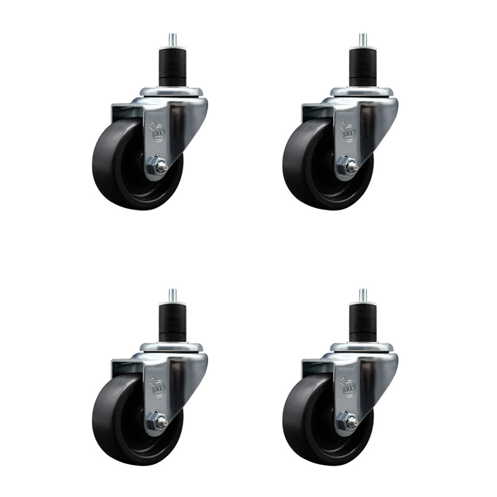 Polyolefin Swivel Expanding Stem Caster Wheels Set of 4 with 3 Inch Black Wheels and 1-3/4" Stems - Includes 4 Swivel - 1200 lbs. Total Capacity - Service Caster Brand — photo 1