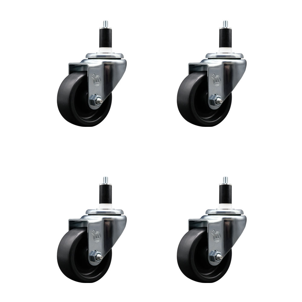 Polyolefin Swivel Expanding Stem Caster Wheels Set of 4 with 3 Inch Black Wheels and 1-3/8" Stems - Includes 4 Swivel - 1200 lbs. Total Capacity - Service Caster Brand — photo 1