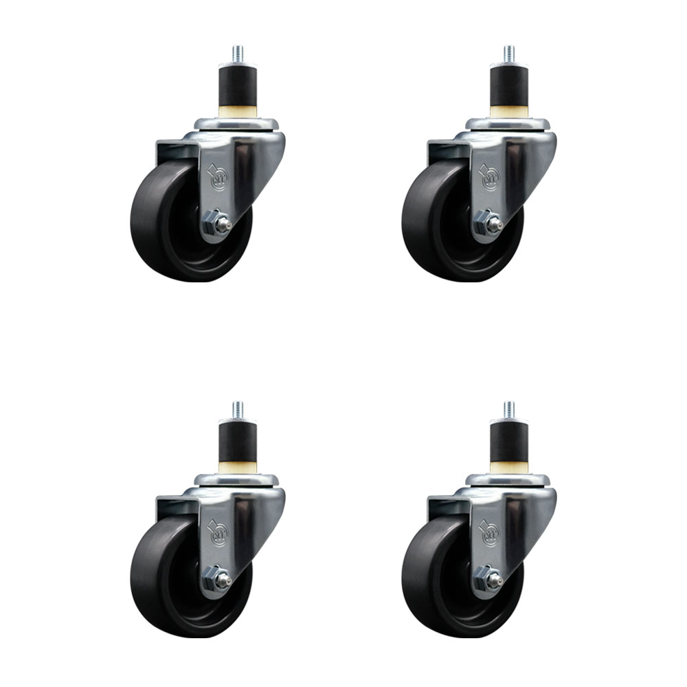 Polyolefin Swivel Expanding Stem Caster Wheels Set of 4 with 3 Inch Black Wheels and 1-7/8" Stems - Includes 4 Swivel - 1200 lbs. Total Capacity - Service Caster Brand — photo 1