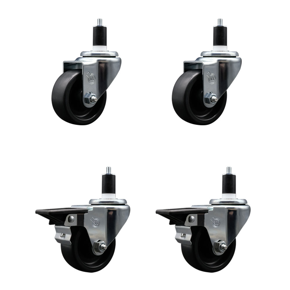 Polyolefin Swivel Expanding Stem Caster Wheels Set of 4 with 3 Inch Black Wheels and 1-1/2" Stems - Includes 2 Swivel with Posi Lock Brakes and 2 Swivel-1200 lbs. Total Capacity - Service Caster Brand — photo 1