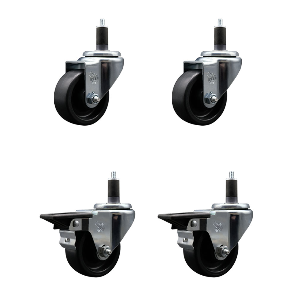 Polyolefin Swivel Expanding Stem Caster Wheels Set of 4 with 3 Inch Black Wheels and 1-1/4" Stems - Includes 2 Swivel with Posi Lock Brakes and 2 Swivel-1200 lbs. Total Capacity - Service Caster Brand — photo 1