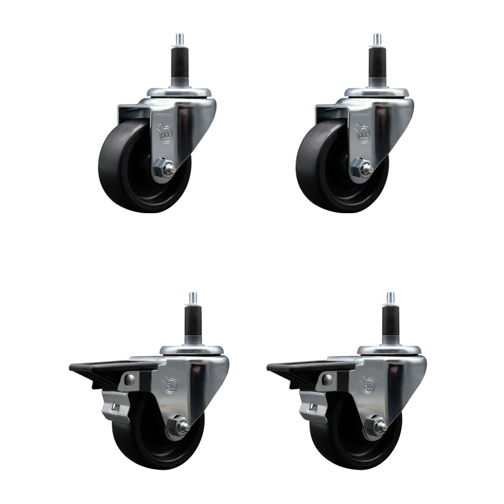 Polyolefin Swivel Expanding Stem Caster Wheels Set of 4 with 3 Inch Black Wheels and 1-1/8" Stems - Includes 2 Swivel with Posi Lock Brakes and 2 Swivel-1200 lbs. Total Capacity - Service Caster Brand — photo 1