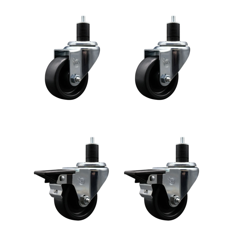 Polyolefin Swivel Expanding Stem Caster Wheels Set of 4 with 3 Inch Black Wheels and 1-3/4" Stems - Includes 2 Swivel with Posi Lock Brakes and 2 Swivel-1200 lbs. Total Capacity - Service Caster Brand — photo 1