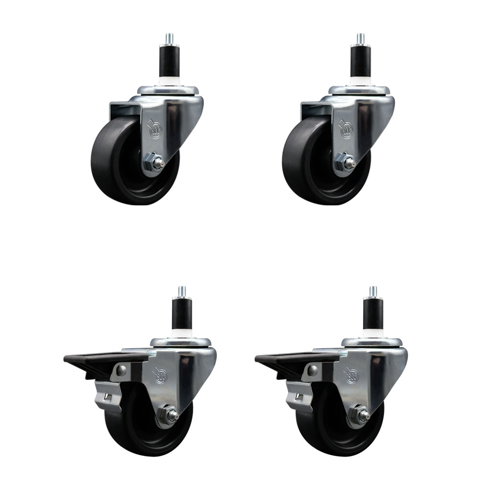 Polyolefin Swivel Expanding Stem Caster Wheels Set of 4 with 3 Inch Black Wheels and 1-3/8" Stems - Includes 2 Swivel with Posi Lock Brakes and 2 Swivel-1200 lbs. Total Capacity - Service Caster Brand — photo 1