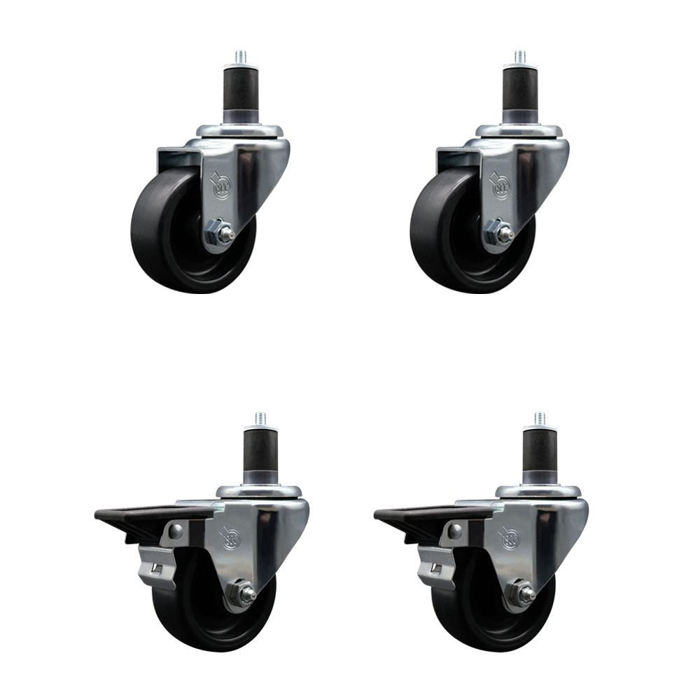 Polyolefin Swivel Expanding Stem Caster Wheels Set of 4 with 3 Inch Black Wheels and 1-5/8" Stems - Includes 2 Swivel with Posi Lock Brakes and 2 Swivel-1200 lbs. Total Capacity - Service Caster Brand — photo 1