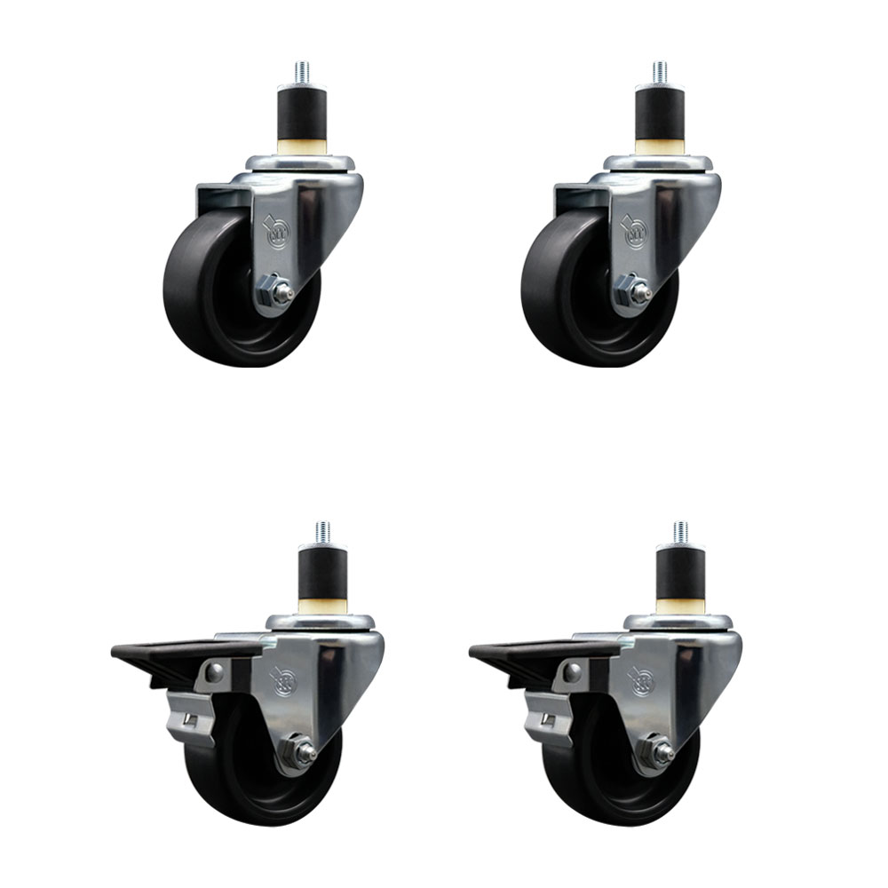Polyolefin Swivel Expanding Stem Caster Wheels Set of 4 with 3 Inch Black Wheels and 1-7/8" Stems - Includes 2 Swivel with Posi Lock Brakes and 2 Swivel-1200 lbs. Total Capacity - Service Caster Brand — photo 1