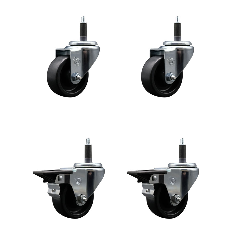 Polyolefin Swivel Expanding Stem Caster Wheels Set of 4 with 3 Inch Black Wheels and 1" Stems - Includes 2 Swivel with Posi Lock Brakes and 2 Swivel-1200 lbs. Total Capacity - Service Caster Brand — photo 1