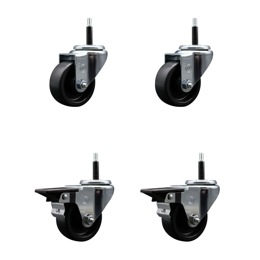 Polyolefin Swivel Expanding Stem Caster Wheels Set of 4 with 3 Inch Black Wheels and 3/4" Stems - Includes 2 Swivel with Posi Lock Brakes and 2 Swivel-1200 lbs. Total Capacity - Service Caster Brand — photo 1