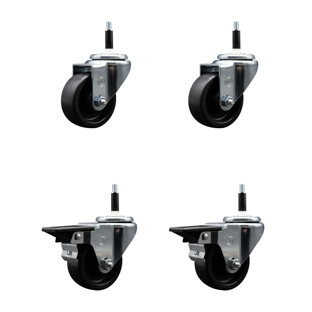 Polyolefin Swivel Expanding Stem Caster Wheels Set of 4 with 3 Inch Black Wheels and 7/8" Stems - Includes 2 Swivel with Posi Lock Brakes and 2 Swivel-1200 lbs. Total Capacity - Service Caster Brand — photo 1
