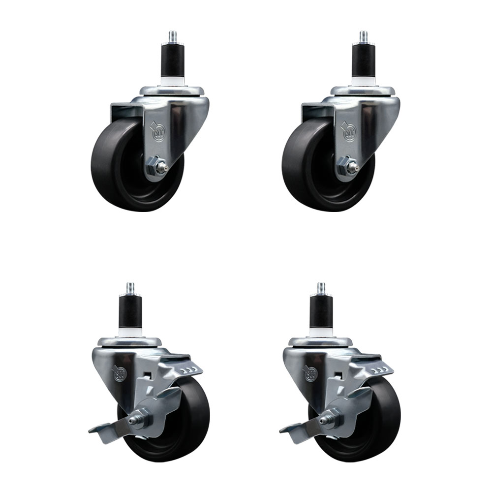 Polyolefin Swivel Expanding Stem Caster Wheels Set of 4 with 3 Inch Black Wheels and 1-1/2" Stems - Includes 2 Swivel with Top Lock Brakes and 2 Swivel– 1200 lbs. Total Capacity - Service Caster Brand — photo 1