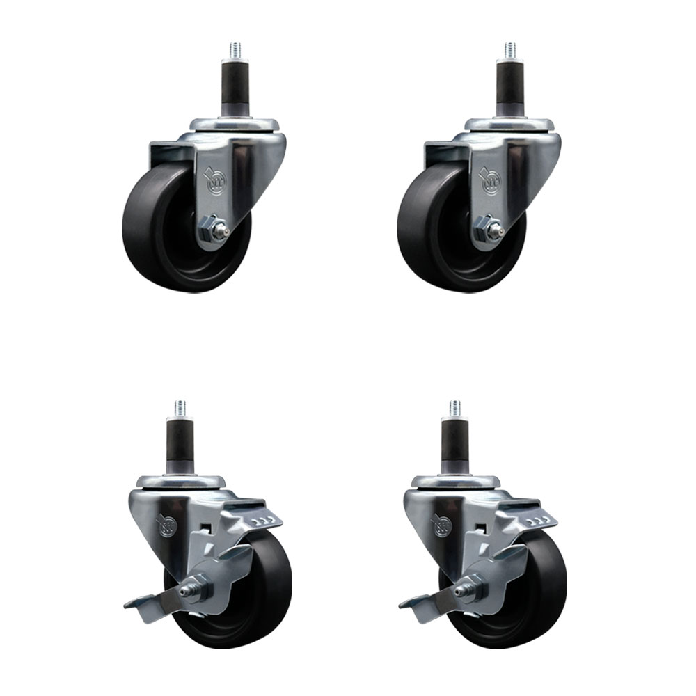 Polyolefin Swivel Expanding Stem Caster Wheels Set of 4 with 3 Inch Black Wheels and 1-1/4" Stems - Includes 2 Swivel with Top Lock Brakes and 2 Swivel– 1200 lbs. Total Capacity - Service Caster Brand — photo 1