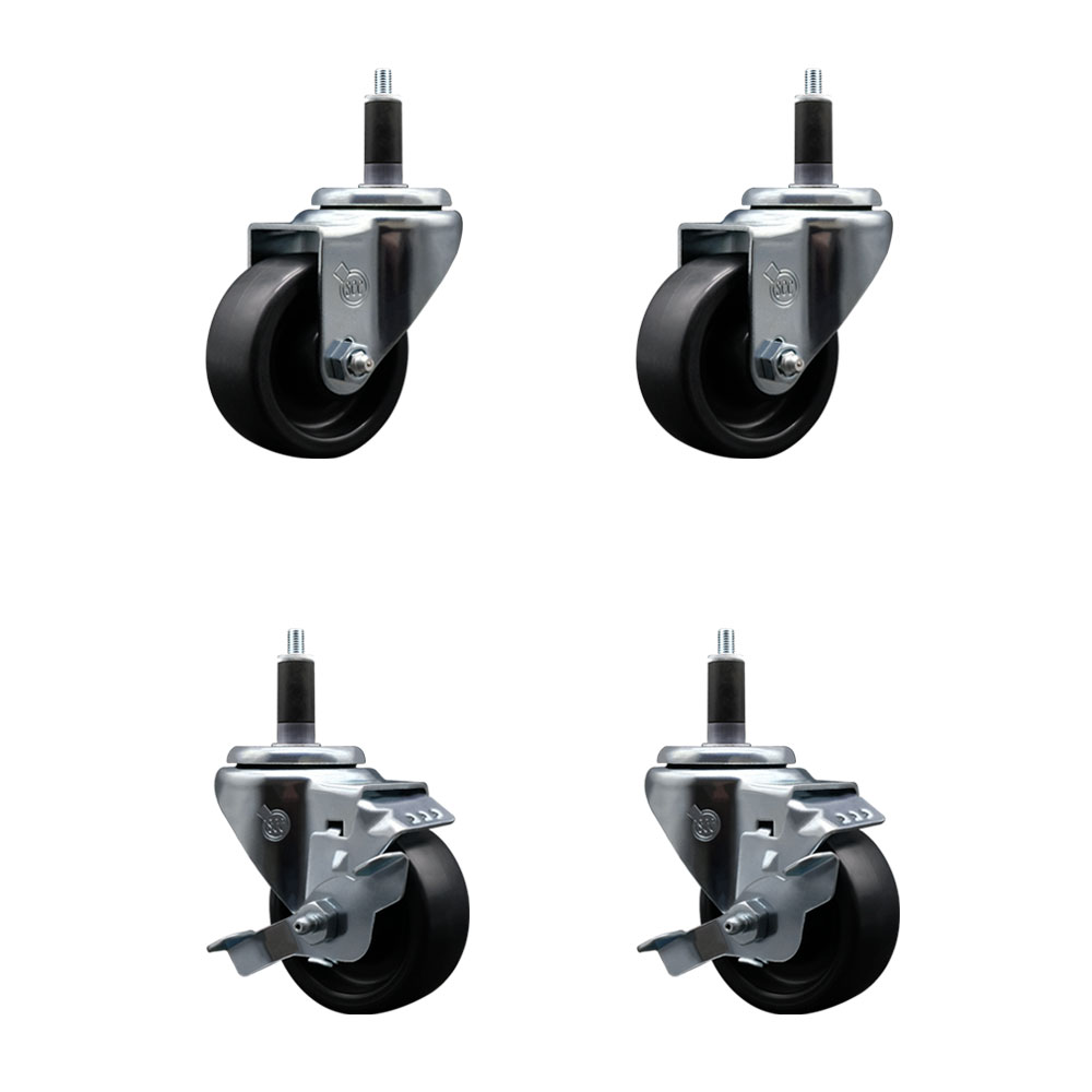 Polyolefin Swivel Expanding Stem Caster Wheels Set of 4 with 3 Inch Black Wheels and 1-1/8" Stems - Includes 2 Swivel with Top Lock Brakes and 2 Swivel– 1200 lbs. Total Capacity - Service Caster Brand — photo 1
