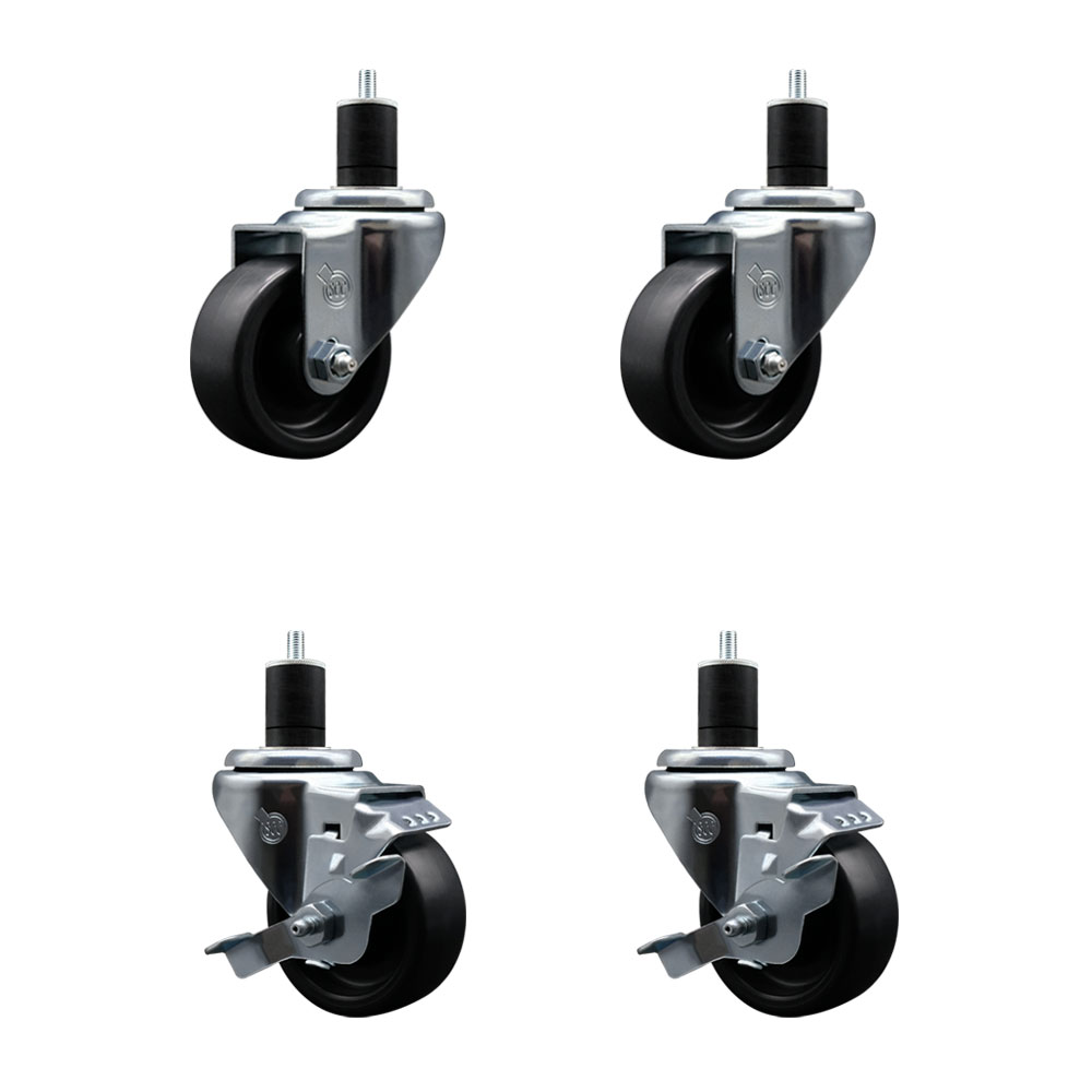Polyolefin Swivel Expanding Stem Caster Wheels Set of 4 with 3 Inch Black Wheels and 1-3/4" Stems - Includes 2 Swivel with Top Lock Brakes and 2 Swivel– 1200 lbs. Total Capacity - Service Caster Brand — photo 1