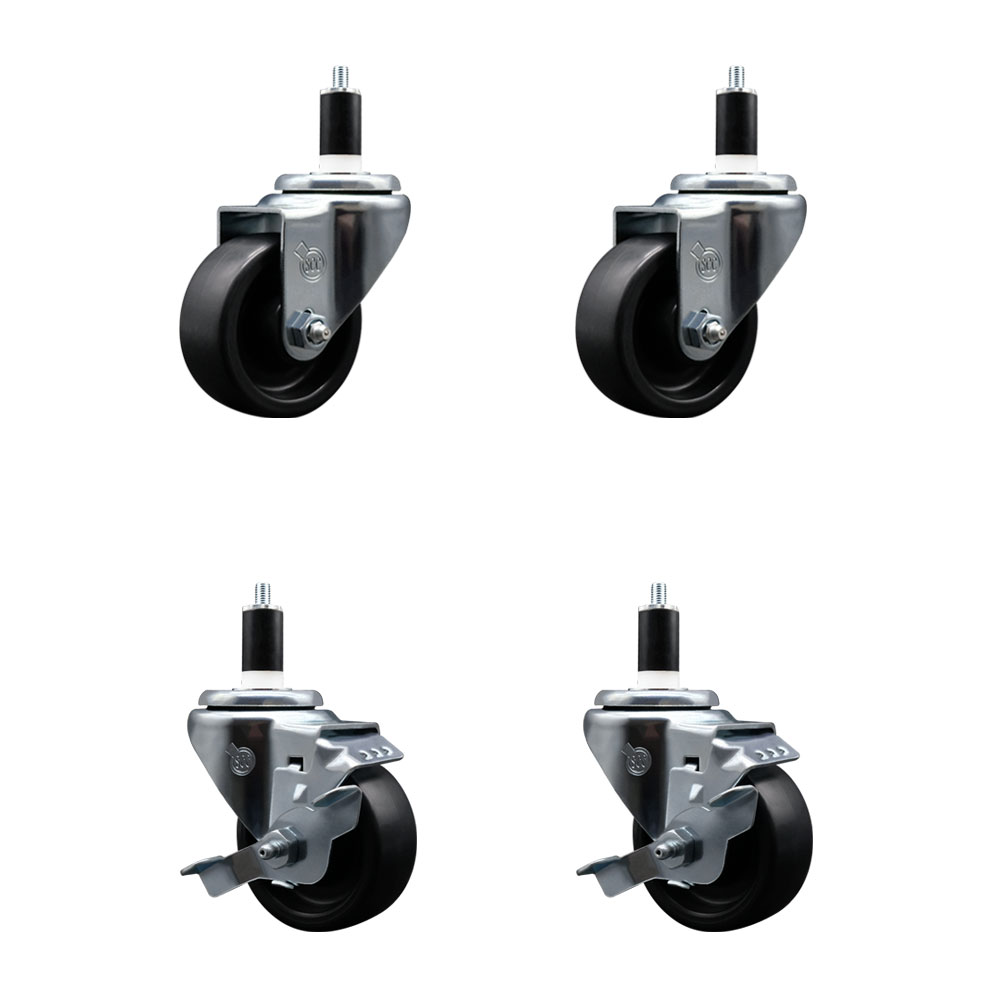Polyolefin Swivel Expanding Stem Caster Wheels Set of 4 with 3 Inch Black Wheels and 1-3/8" Stems - Includes 2 Swivel with Top Lock Brakes and 2 Swivel– 1200 lbs. Total Capacity - Service Caster Brand — photo 1