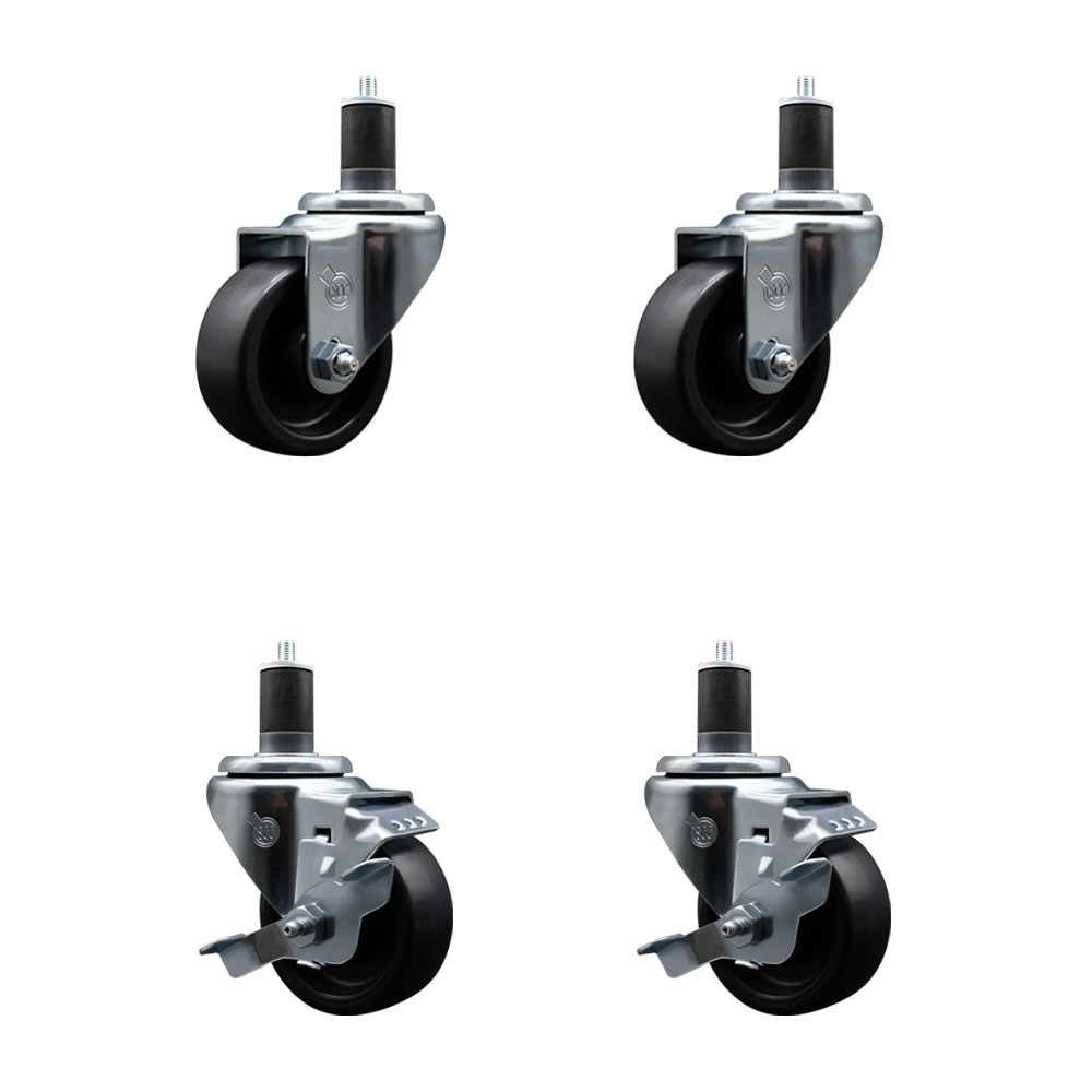 Polyolefin Swivel Expanding Stem Caster Wheels Set of 4 with 3 Inch Black Wheels and 1-5/8" Stems - Includes 2 Swivel with Top Lock Brakes and 2 Swivel– 1200 lbs. Total Capacity - Service Caster Brand — photo 1