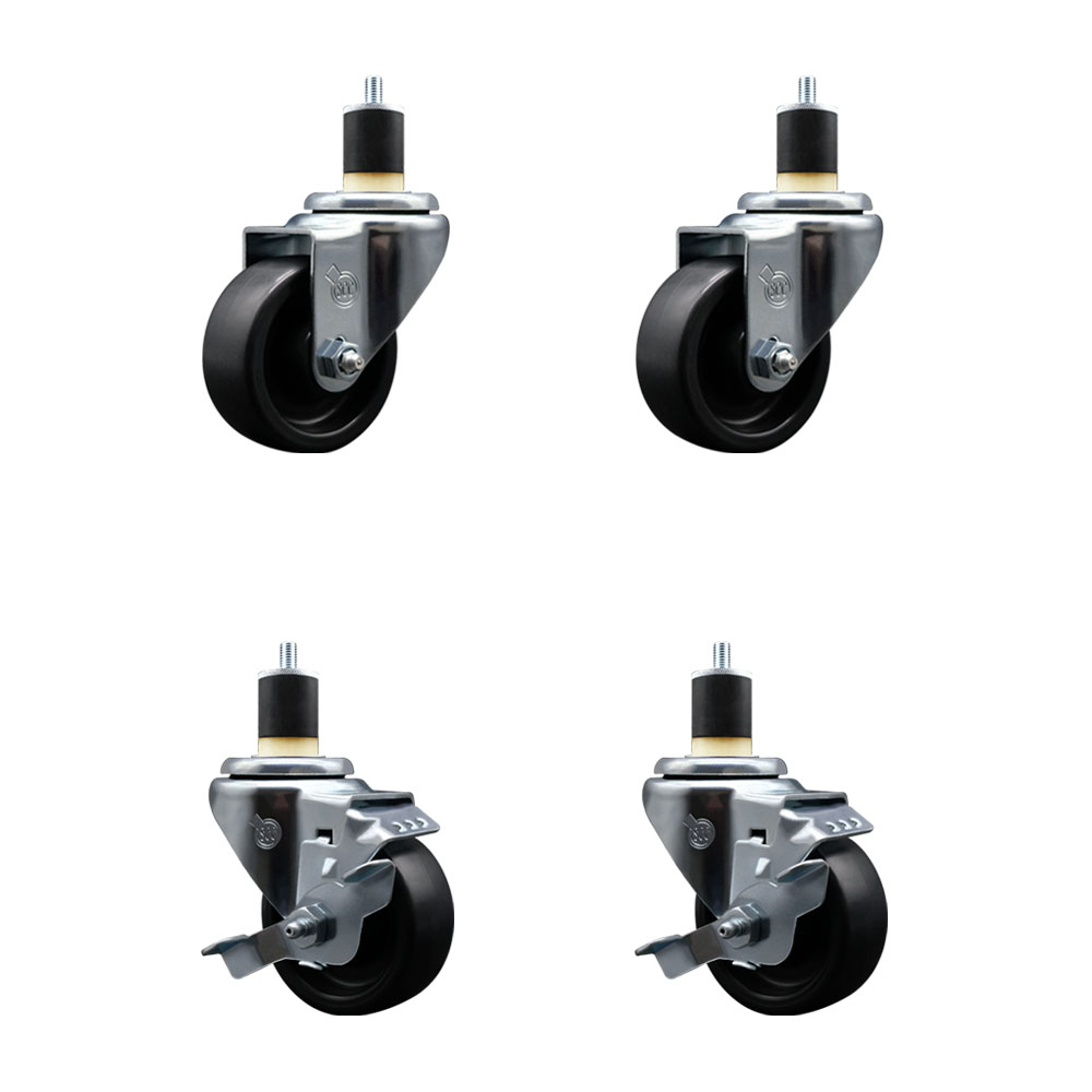 Polyolefin Swivel Expanding Stem Caster Wheels Set of 4 with 3 Inch Black Wheels and 1-7/8" Stems - Includes 2 Swivel with Top Lock Brakes and 2 Swivel– 1200 lbs. Total Capacity - Service Caster Brand — photo 1