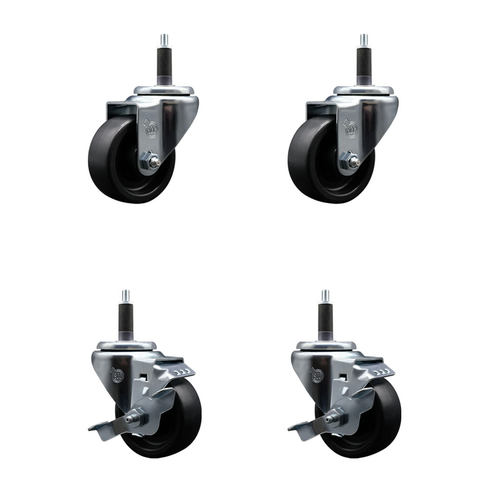 Polyolefin Swivel Expanding Stem Caster Wheels Set of 4 with 3 Inch Black Wheels and 1" Stems - Includes 2 Swivel with Top Lock Brakes and 2 Swivel– 1200 lbs. Total Capacity - Service Caster Brand — photo 1